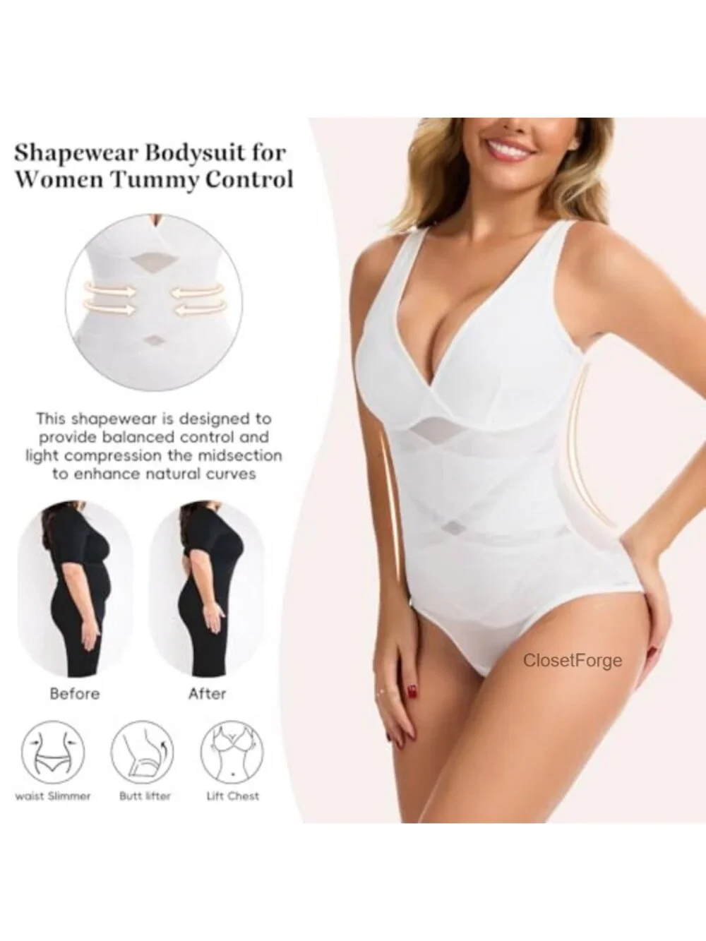 Women's Seamless Shapewear Bodysuit V-Neck Tummy Control Body Shaper